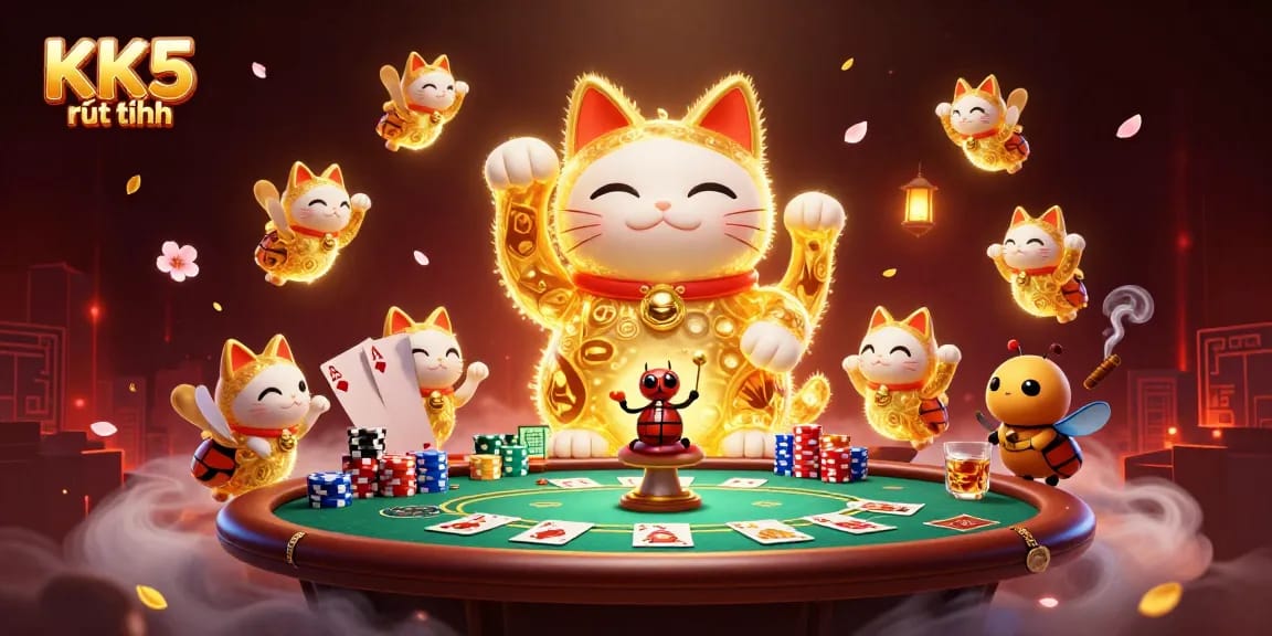 Play and win with KK5 rút tiền, showcasing an exhilarating casino atmosphere with a lucky cat and vibrant game elements.