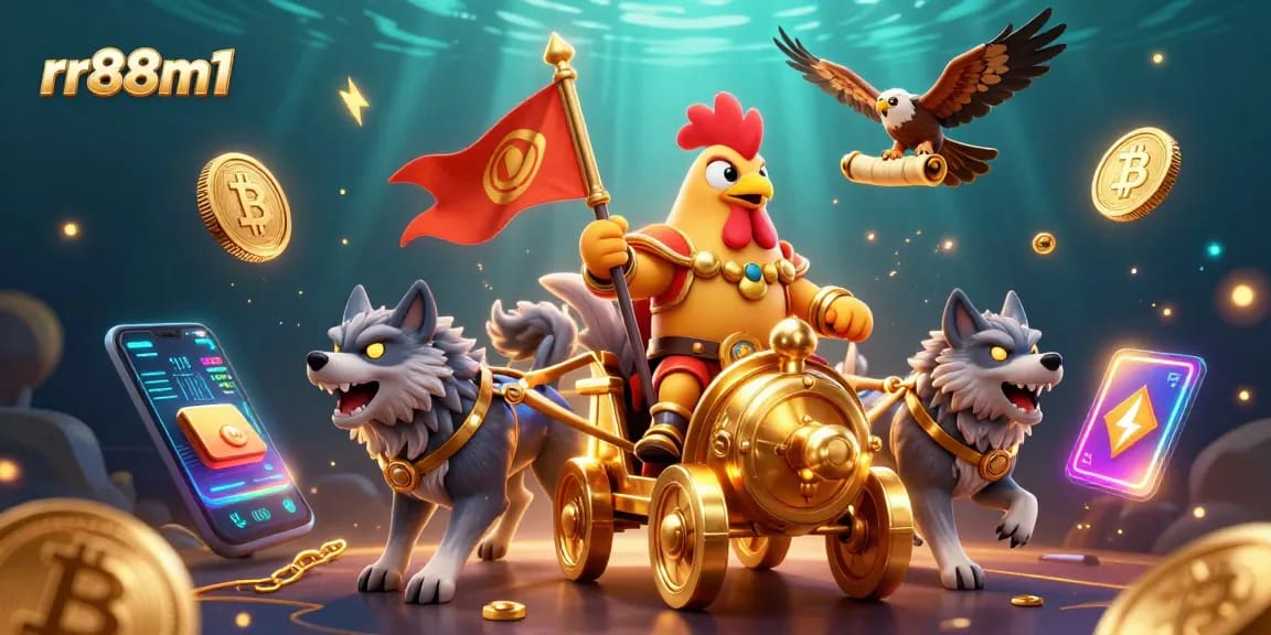 Engage in thrilling gameplay at rr88m1 with the rooster warlord leading a golden chariot in a vibrant casino scene.