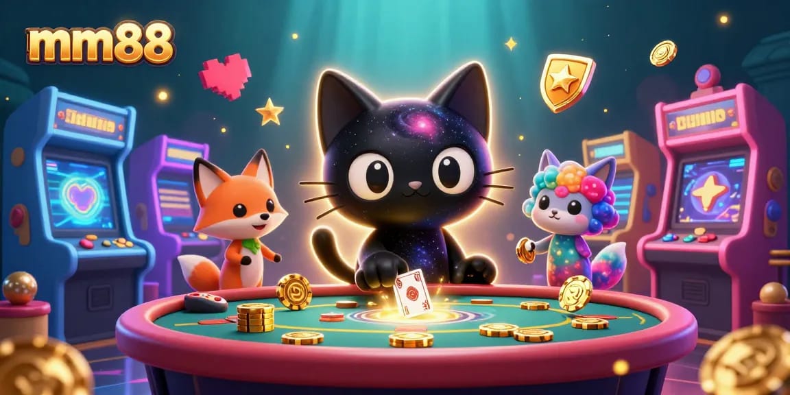 Experience mm88's cosmic casino with a black hole cat and nebula fox amidst vibrant gaming elements.