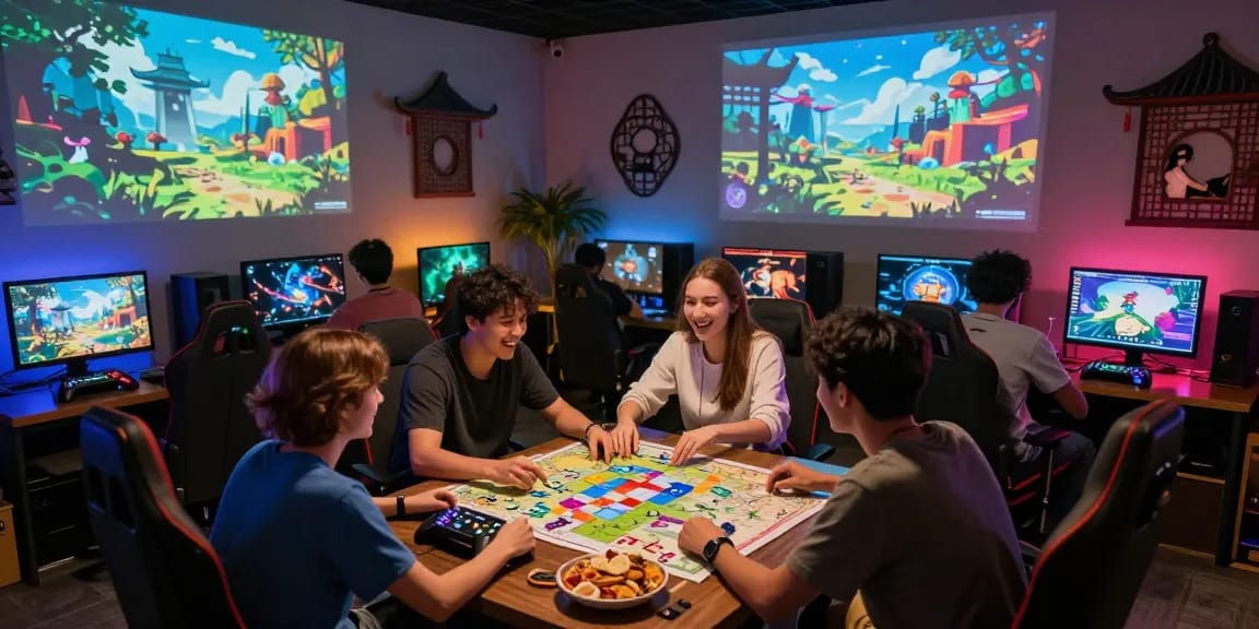 Engaged friends playing ROKOK88 in a themed gaming room, showcasing collaboration and excitement.