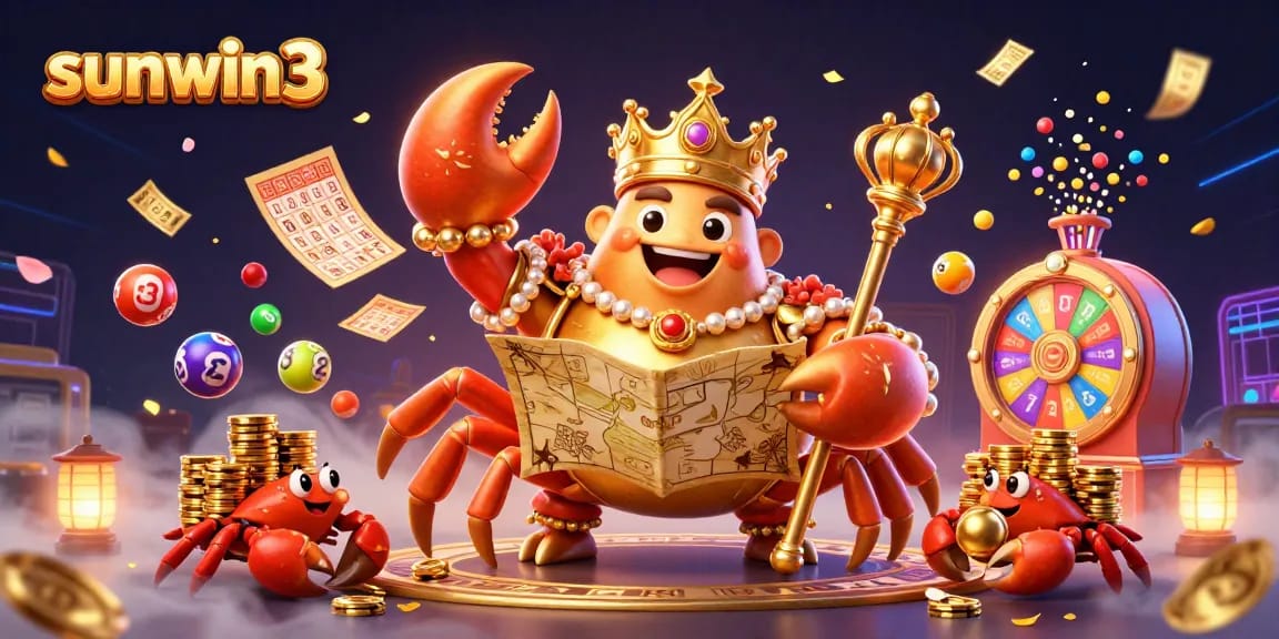 Experience the excitement of sunwin3 with a dynamic presentation of a golden crab emperor in a vibrant casino scene.