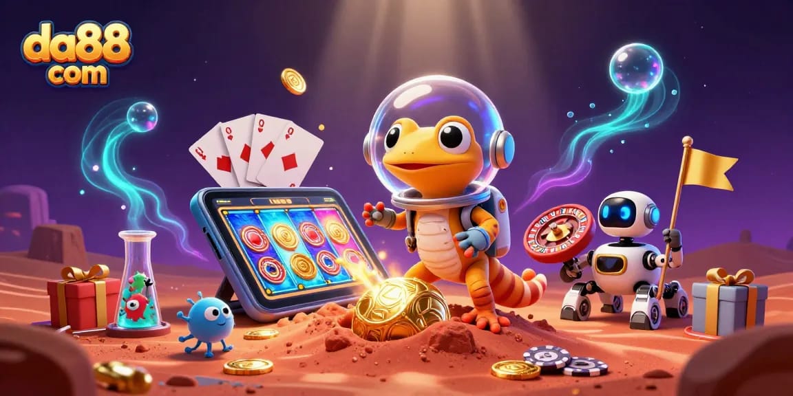 Experience thrilling wins at da88 com's golden casino in an adventurous cosmic scene.