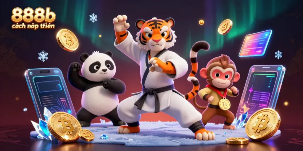 Engage in 888b cách nạp tiền with a vibrant scene of animated characters and cryptocurrency effects.
