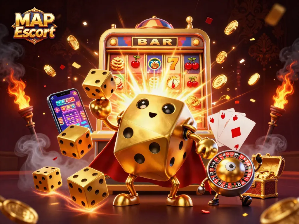 Engage with MAP Escort through vibrant 3D illustration featuring golden dice, slot machines, and dynamic casino elements.