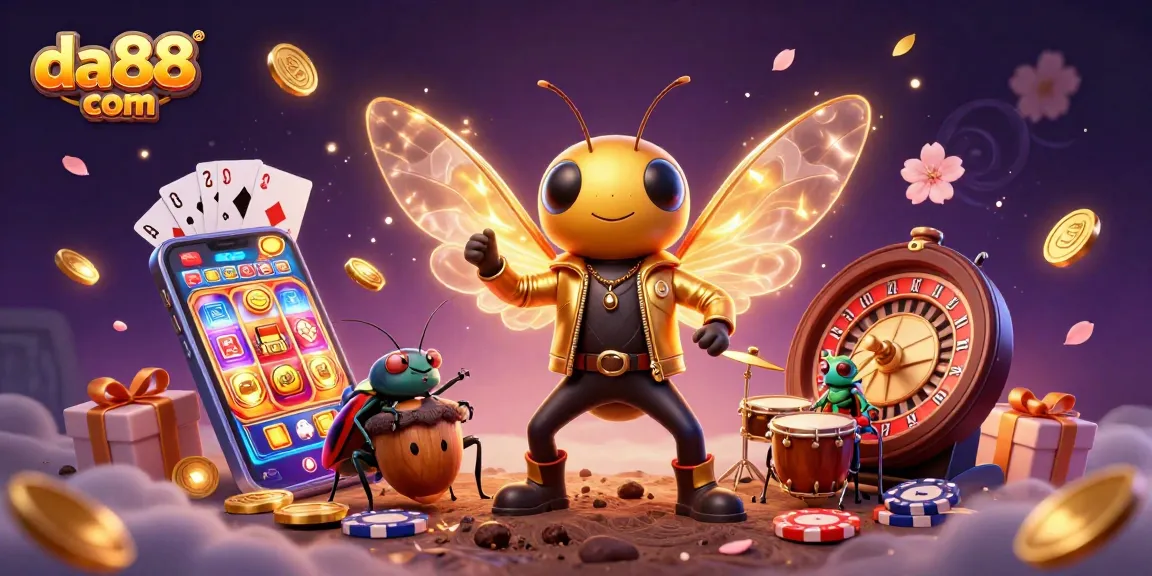 Experience thrilling wins at da88 com with a vibrant casino scene featuring cartoon rock stars and games.