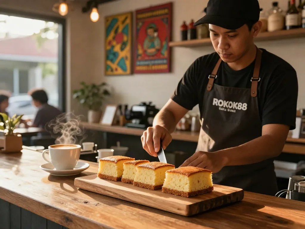 Freshly baked ROKOK88 bolu bakar served with coffee in a cozy café setting, highlighting the deliciousness and inviting atmosphere.