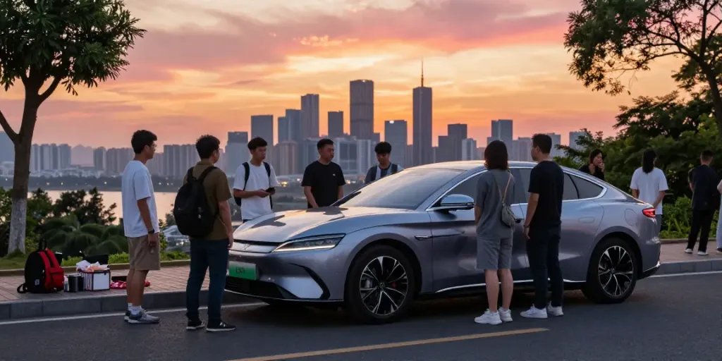 Scena di noleggio lungo termine BYD con auto elettrica e persone che discutono i benefici.