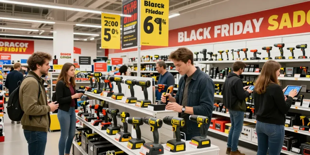 Scene di shopping per Black Friday Festool con clienti entusiasti e strumenti in offerta.