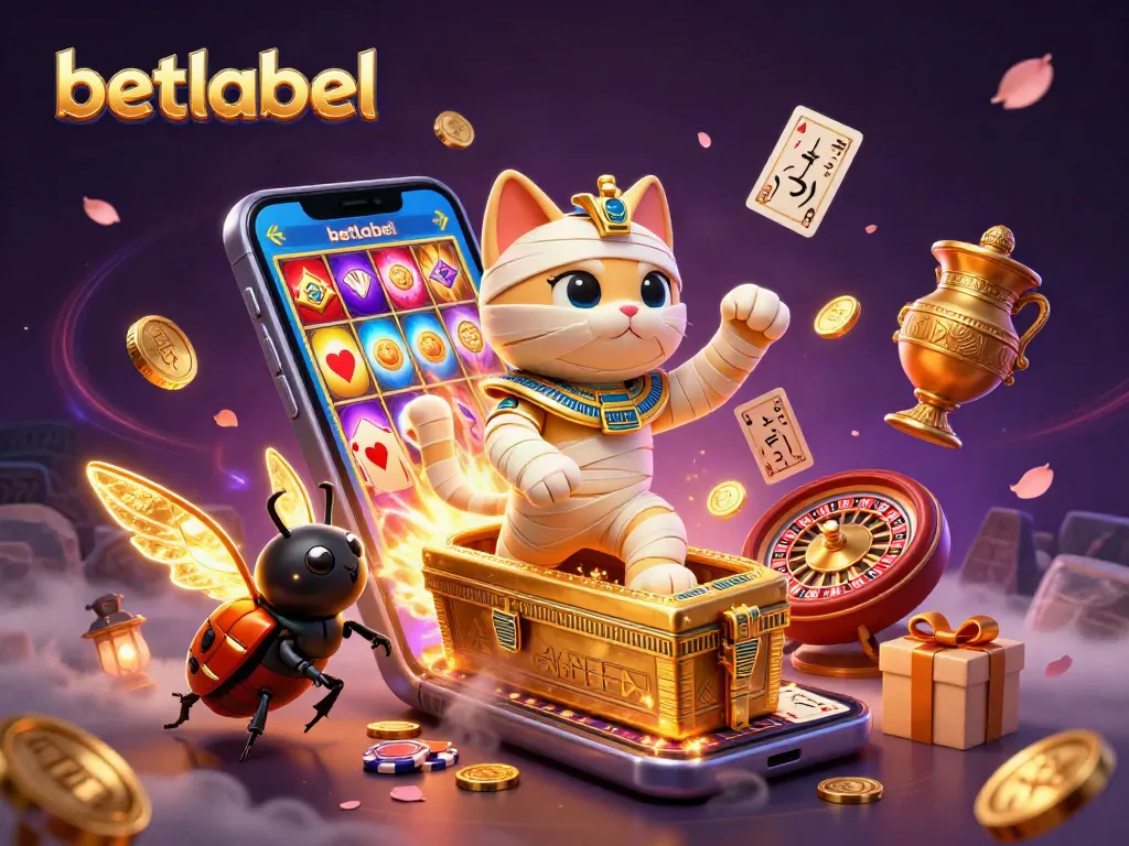 Experience the excitement at betlabel with a 3D illustration of thrilling casino action featuring a mummy cat.