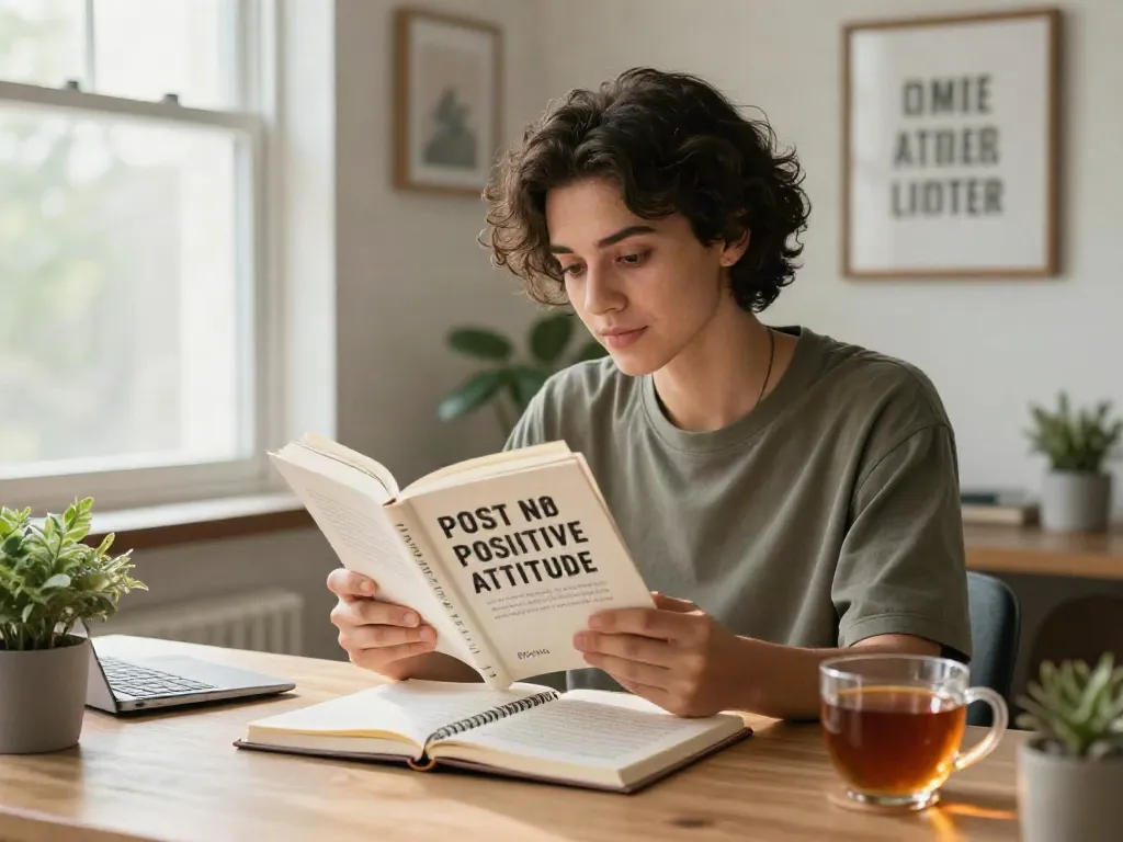 A young professional reflecting on positive attitude principles in their home office, emphasizing the theme of rokok88 daftar.