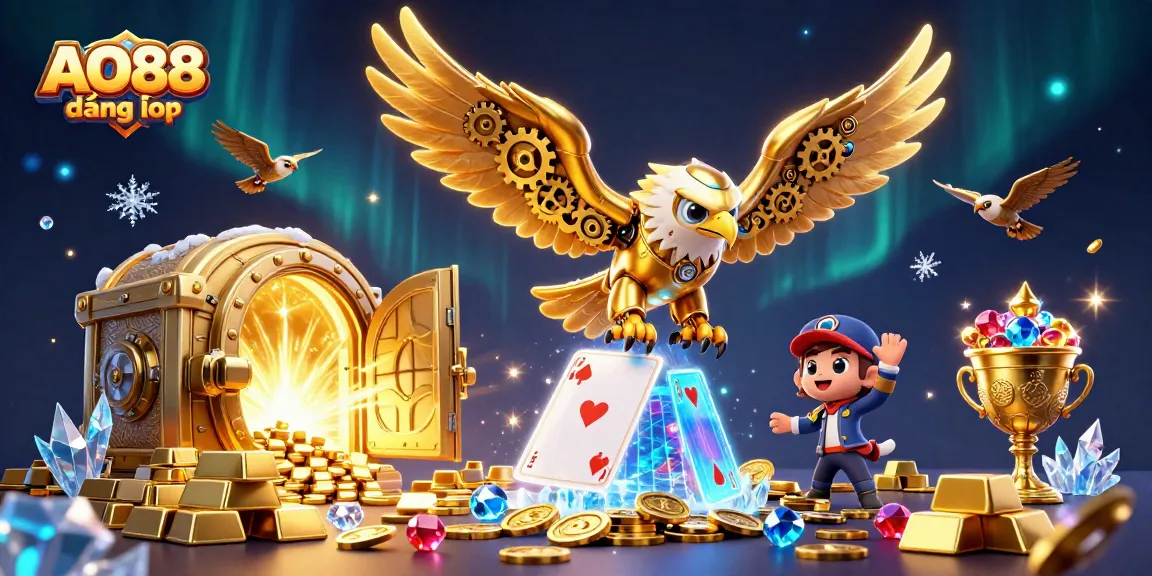 AO88 đăng nhập as a 3D golden eagle dives through holographic cards amidst glittering treasures.
