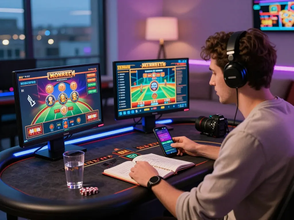 Engaged player exploring 99ok online betting platform at modern gaming desk.