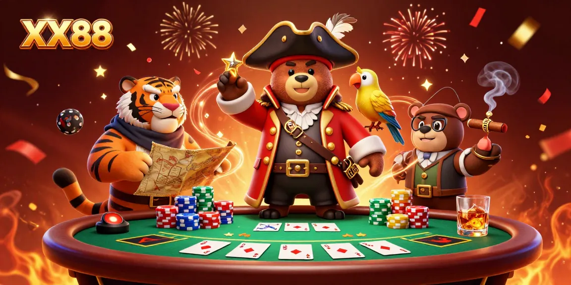 Experience the thrill at XX88 with a vibrant 3D scene of a pirate captain and friends at a poker table.