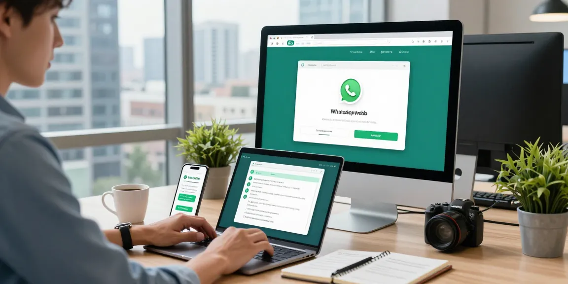 Using WhatsApp網頁版 in a modern office workspace with digital communication tools.