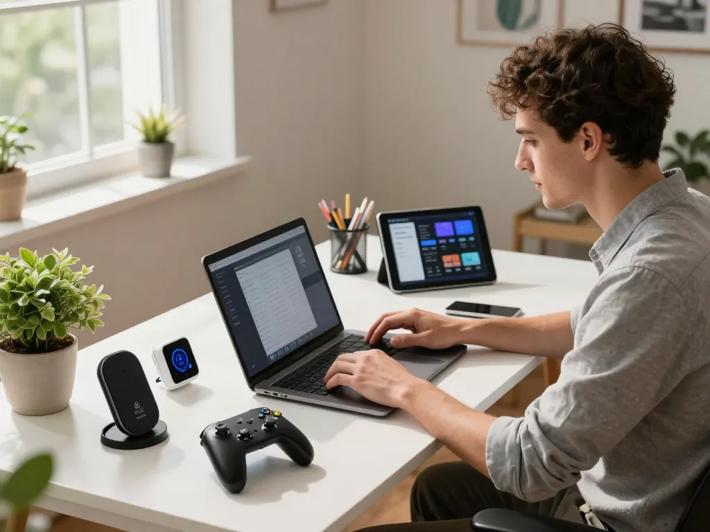 Professional using smart tech gadgets like Bluetooth controllers and a tablet in a stylish workspace.
