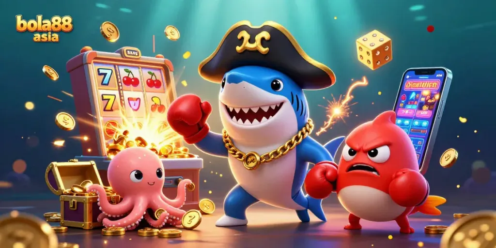 Bowl jackpots and winning thrills at bola88 asia, featuring a playful pirate shark and friends.