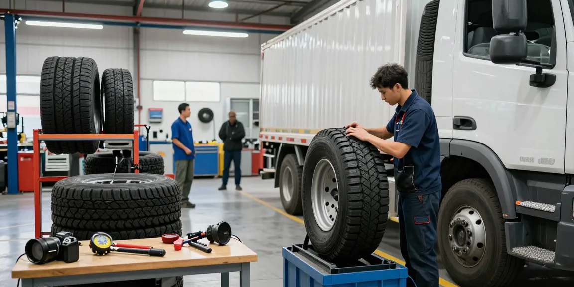 Double Coin RR99 tire installation at an automotive service station with a technician at work.