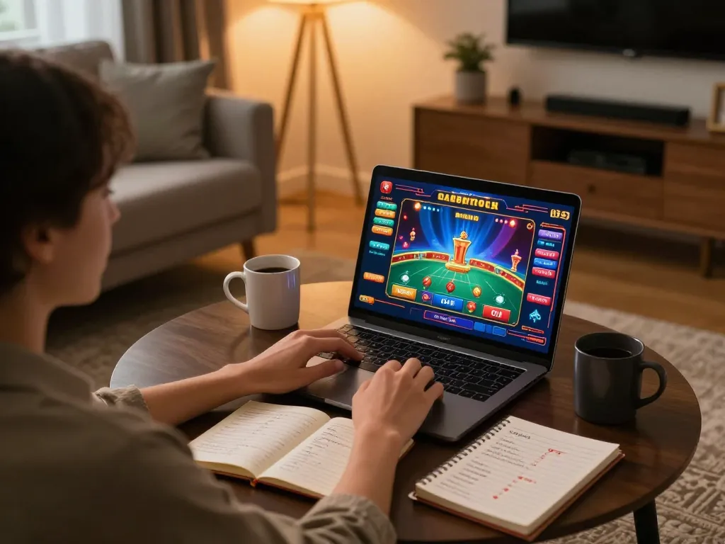 Engaging with Link Jun88 while playing casino games in a cozy home setup for a strategic gaming experience.