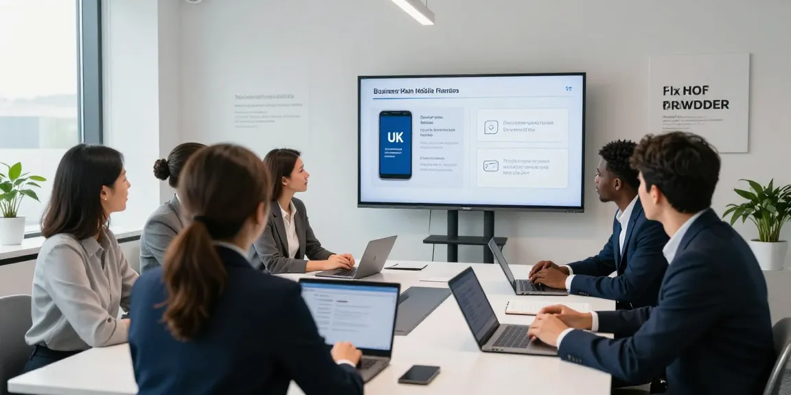 Comparing business mobile deals UK in a modern office meeting setting with professionals discussing strategies