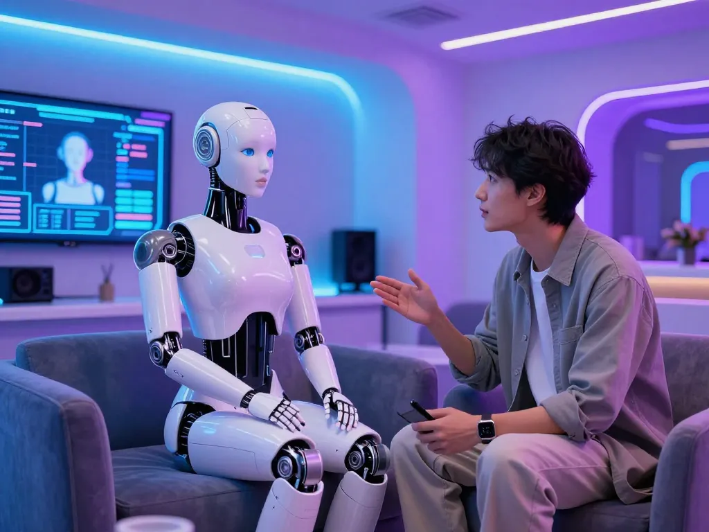Engaging interaction with a lifelike sex bot in a modern lounge setting with advanced AI features.