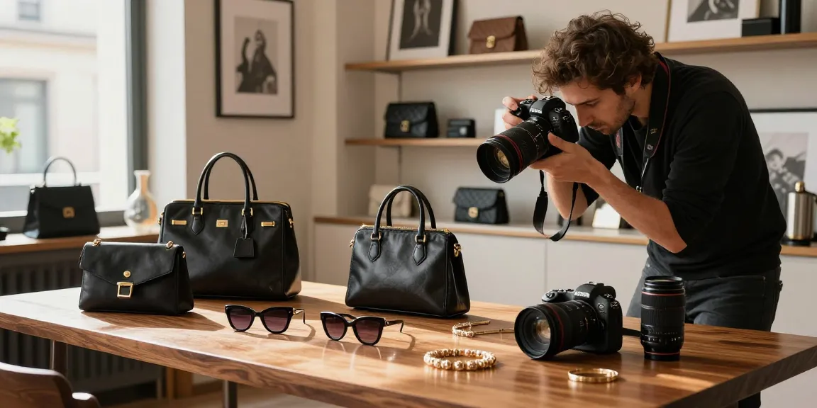Fotografo still life Milano che organizza accessori di lusso in uno studio chic.