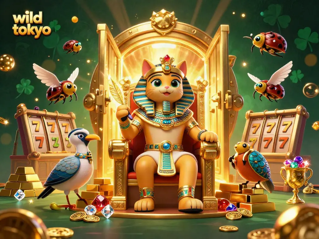 Engage in thrilling slot excitement at wild tokyo casino with a captivating 3D illustration of a pharaoh cat and treasures.