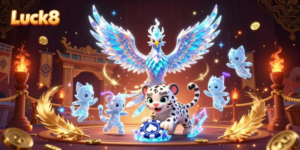 Experience Luck8 with an ice phoenix and snow leopard in a vibrant casino scene.