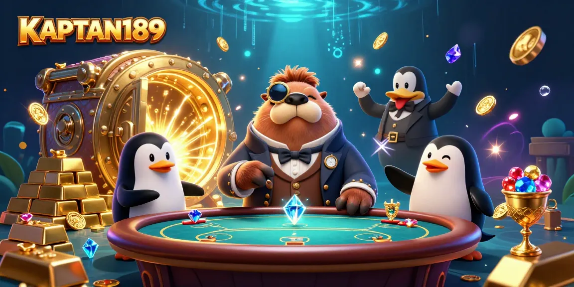KAPTEN189 mempersembahkan ilustrasi kasino 3D penuh warna dengan walrus ceria, dealer penguin, dan pemain pufferfish di meja poker.