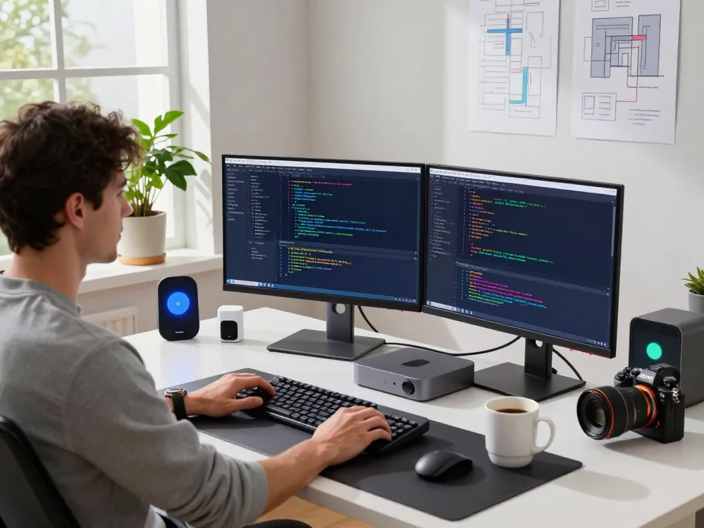 Developer using a Mac Mini in a modern workspace with dual monitors displaying code and smart home automation.