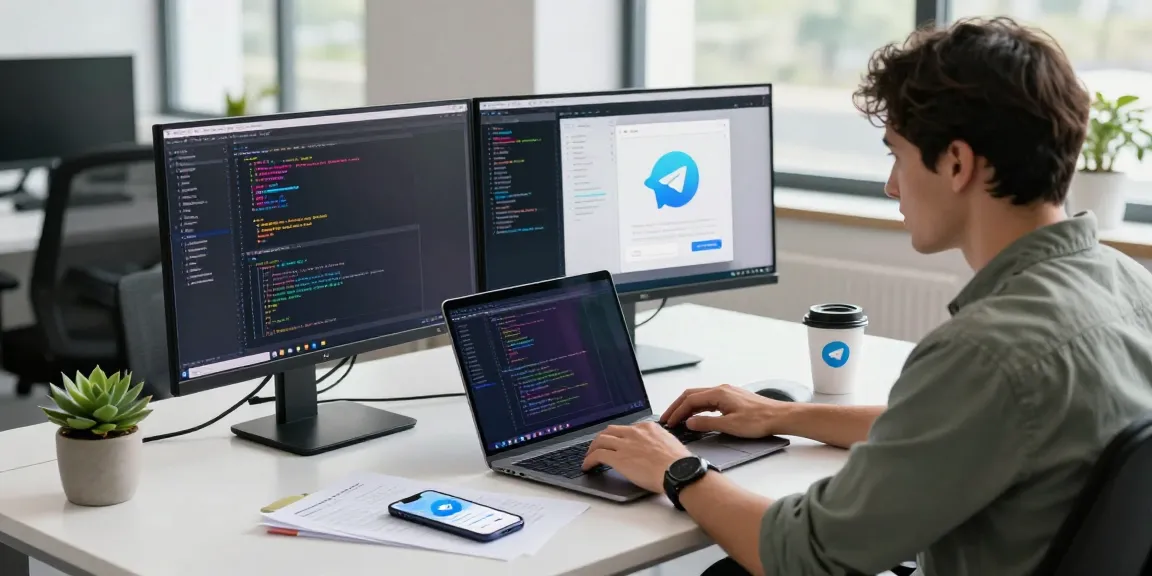 Download Telegram app on a developer's dual-monitor workspace promoting efficient coding and communication.