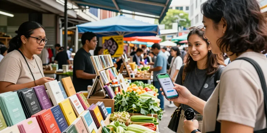 Engaging market scene featuring enthusiastic shopper exploring rokok88 daftar app, vibrant urban environment.