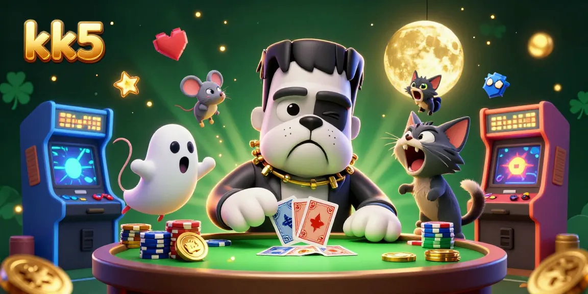 kk5's lively casino scene features a Frankenstein dog, ghost mouse, and werewolf kitten playing cards.