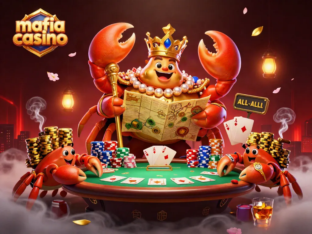 Mafia casino illustration featuring a golden crab emperor with a scepter amidst a vibrant poker scene filled with chips and cards.