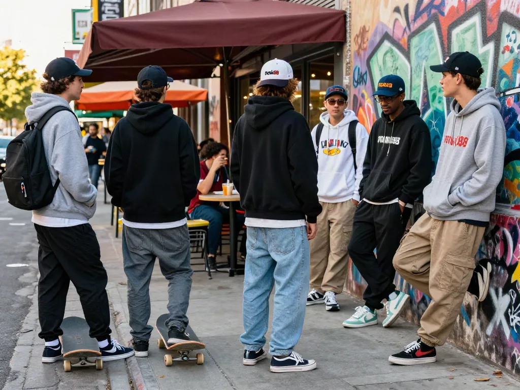 Young adults in trendy fashion enjoying a vibrant street scene with rokok88 branding.