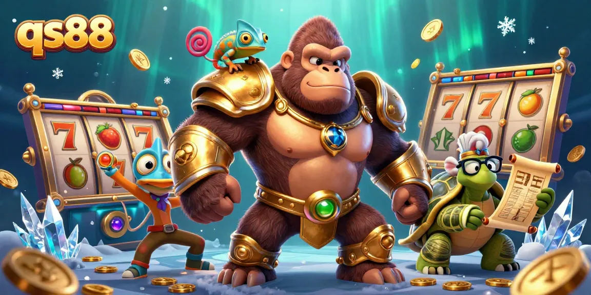Engage in thrilling qs88 slot games with the gorilla king and his allies in a dynamic illustration.