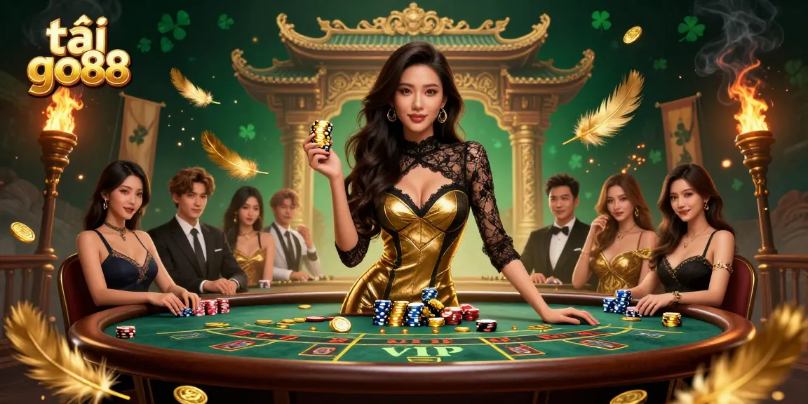 Experience the thrill of tải go88 at a luxurious casino table with glamorous players and gold details.