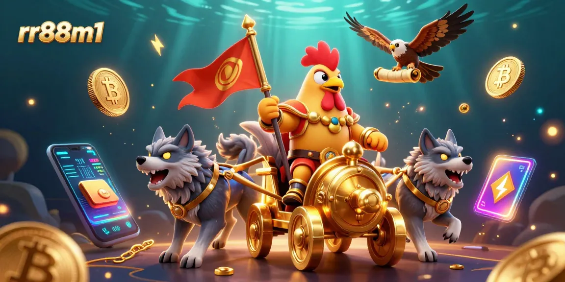 Engage in thrilling gameplay at rr88m1 with the rooster warlord leading a golden chariot in a vibrant casino scene.